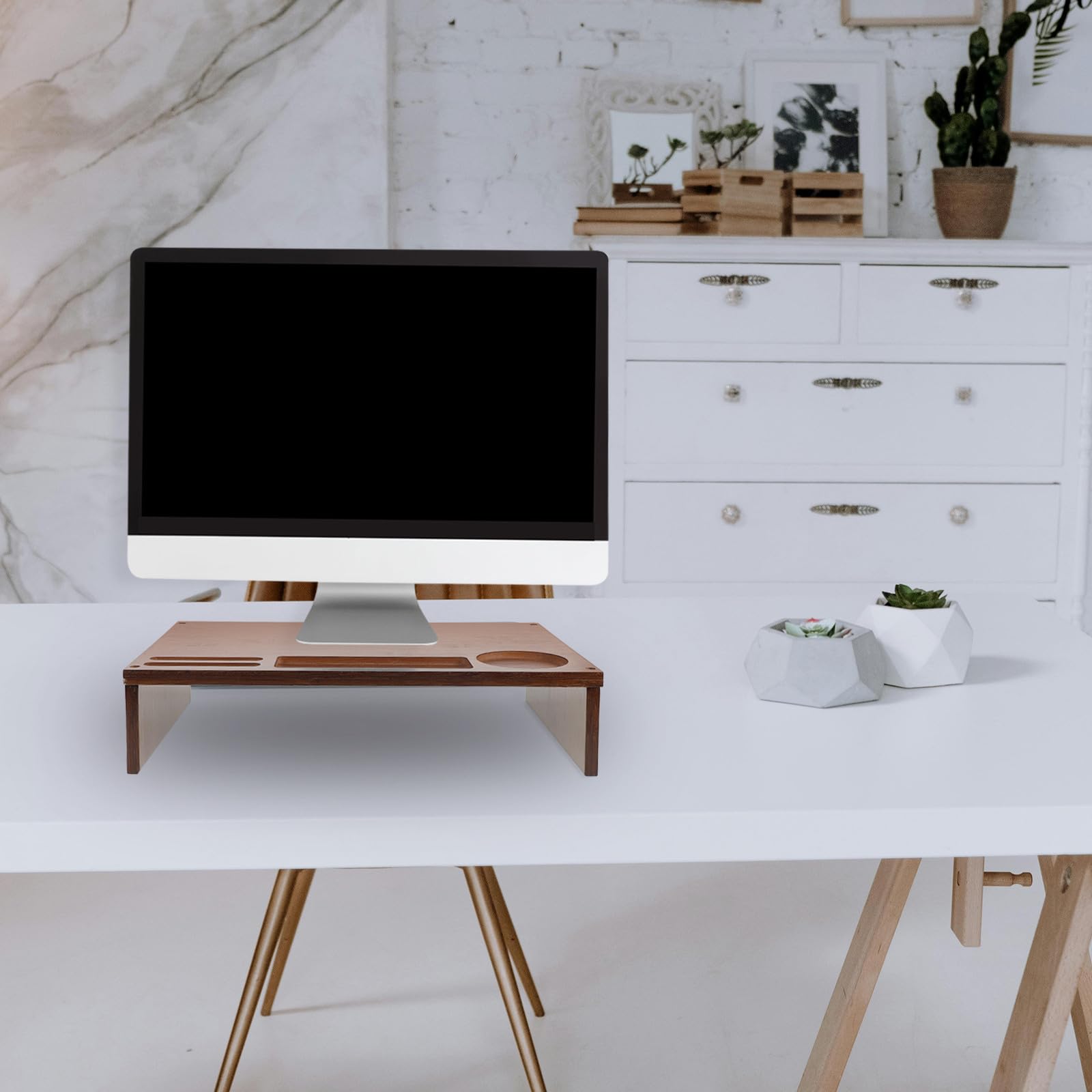 Soporte de Monitor de Escritorio, Soporte Elevador para Portátil de Madera, Café, para Oficina, Mejora la Postura y Organiza el Espacio