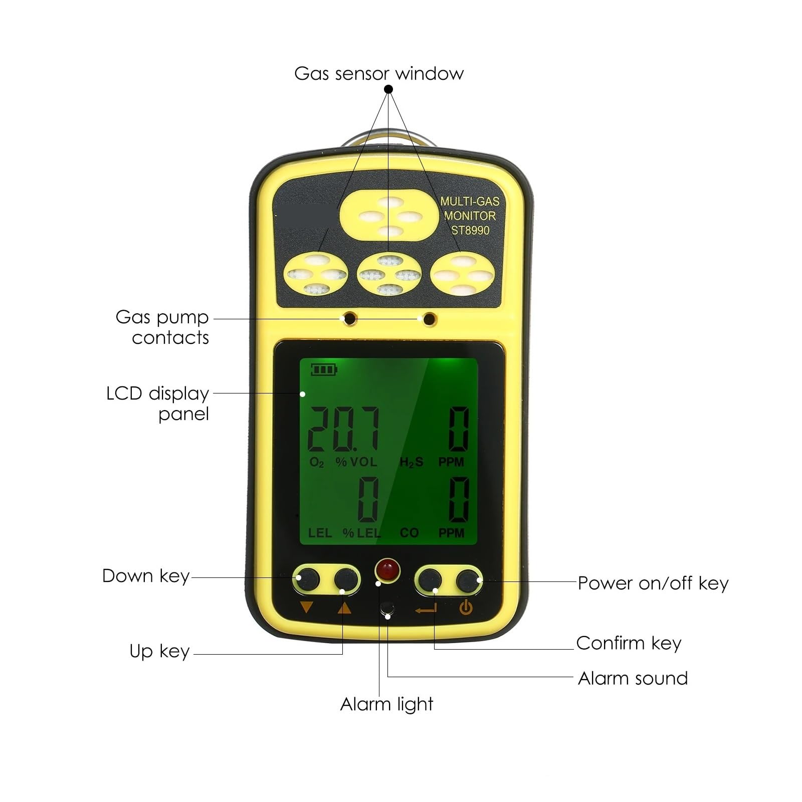 Detector de Gas 4 en 1 O₂ LEL CO H₂S, comprobador de Sensor, Monitor multigas con función de Alarma retroiluminada y Pantalla LCD