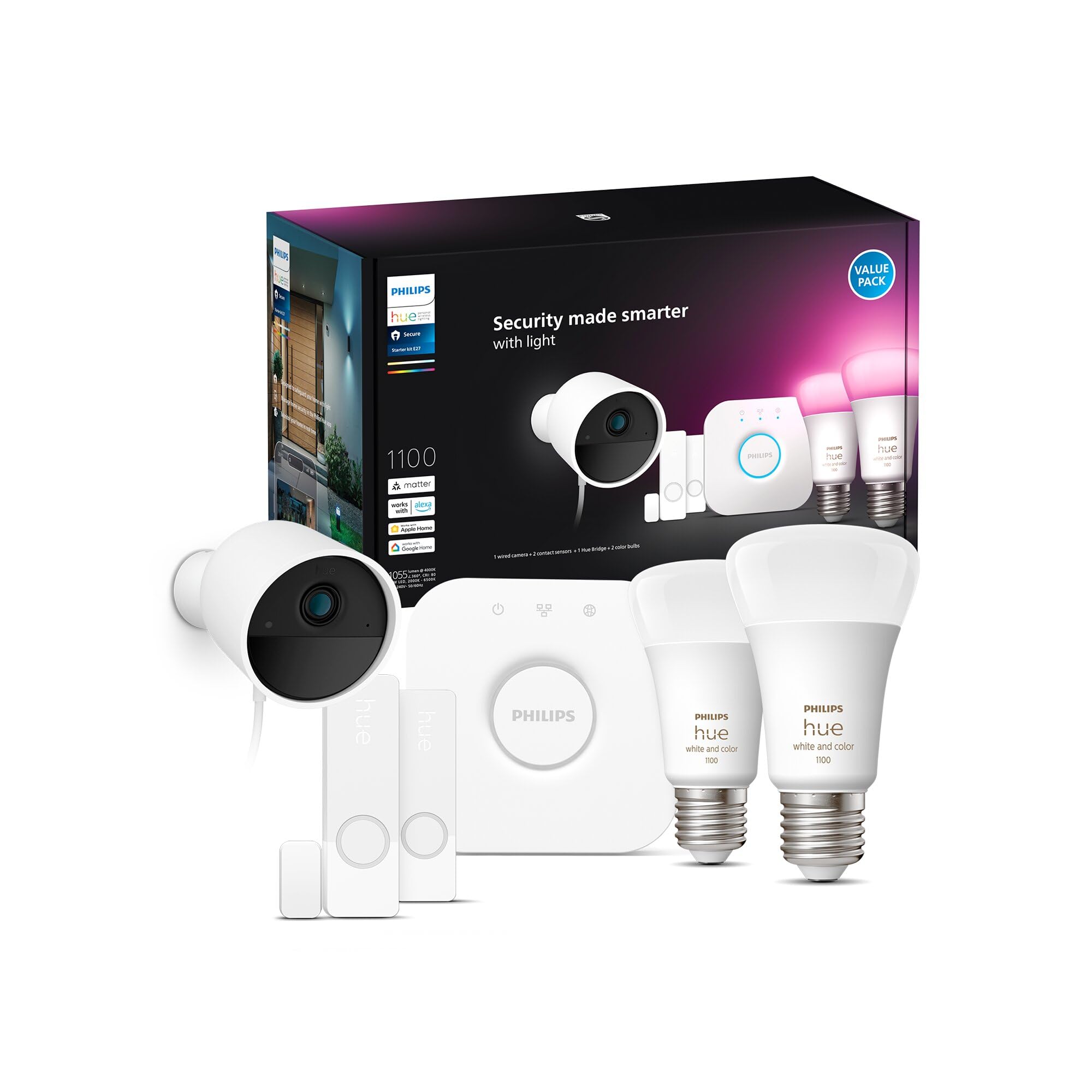 Philips Hue Secure - Cámara de Video Vigilancia con cable (blanca) + 2 Sensores de Contacto (blancos) + 2 Bombillas Color + Bridge, fácil instalación, audio bidireccional, funciona con App Philips Hue