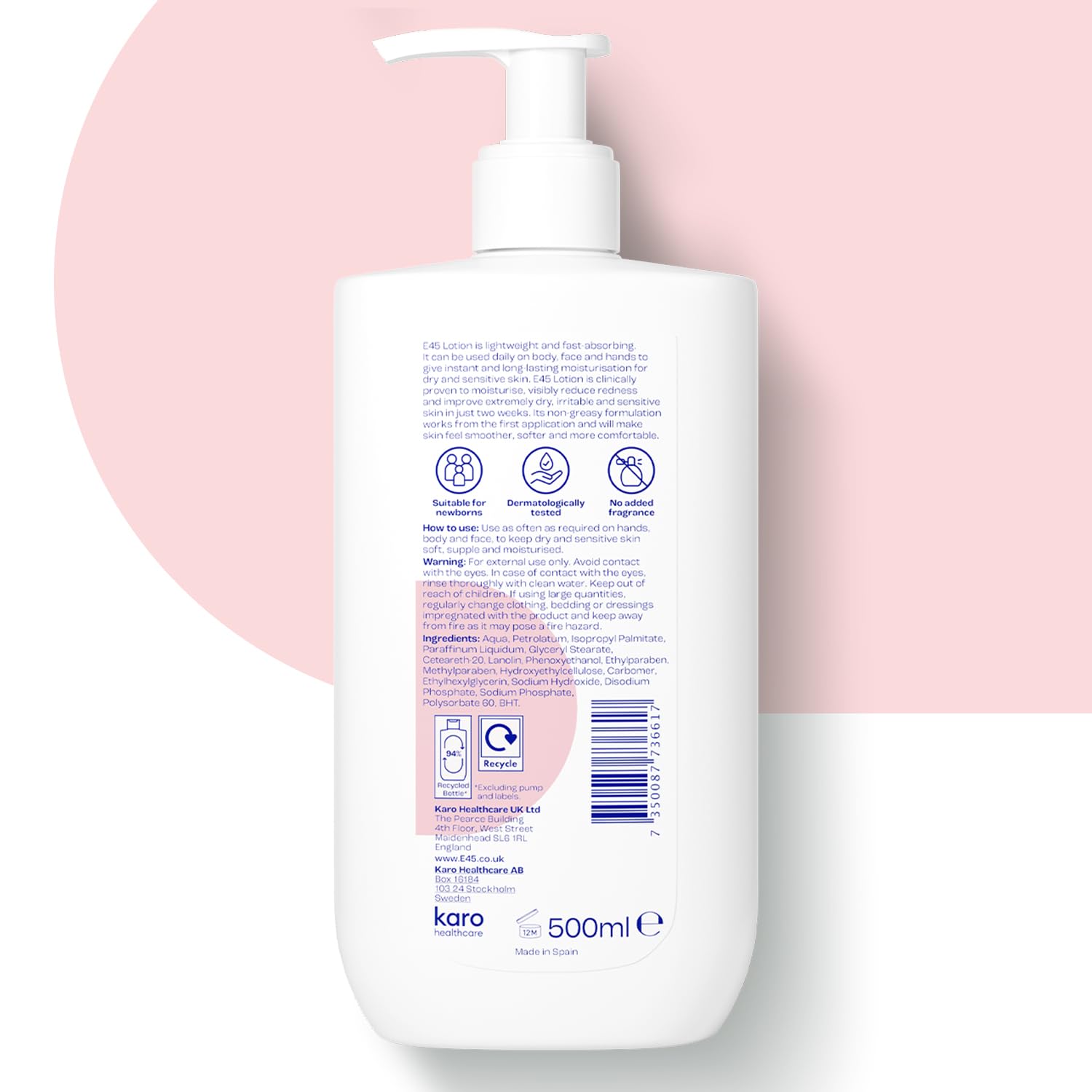 E45 Moisturising Lotion 500 ml for Dry & Sensitive Skin - Long-Lasting Hydration Protect from Dryness, Reduce Redness - Dermatological Body Moisturiser Lotion - Body Lotion - Daily Moisturiser — view 7