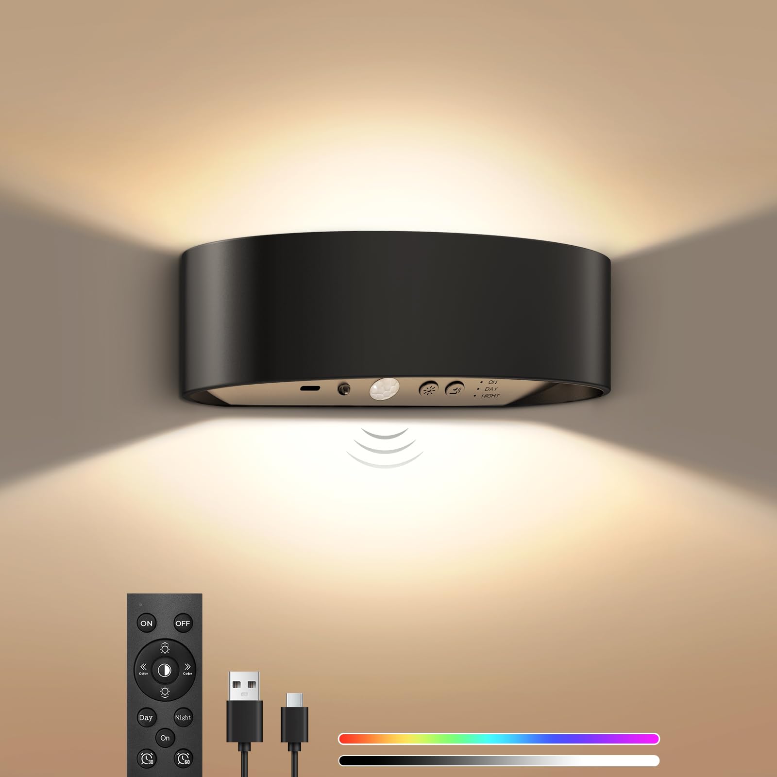 Akku Wandleuchte Innen Mit Bewegungsmelder, Fernbedienung 3 Farbtemperatur Wandlicht und 15 Farboptionen, Aufladbare Wandleuchte Ohne Stromanschluss mit 3 Modi (Schwarz, 1 Stück)