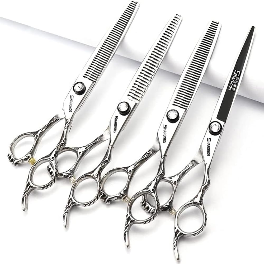 Tijeras de peluquería de 7 pulgadas 440c alta dureza fino patrón profesional salón peluquería pelo corte y adelgazamiento peinado herramienta de poda (juego de 4 piezas)