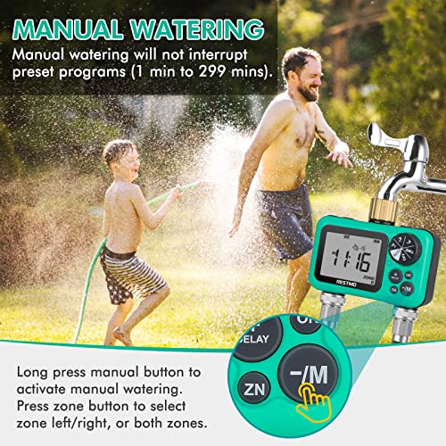 Restmo 2-Outlet Sprinkler Timer With 3 Separate Programs, Interval Or 7-Day Week Programmable Hose Timer, 2 Zone Water Timer With Pure Brass Inlet, Ideal For Garden, Lawn And Control Drip Irrigation #TOP4