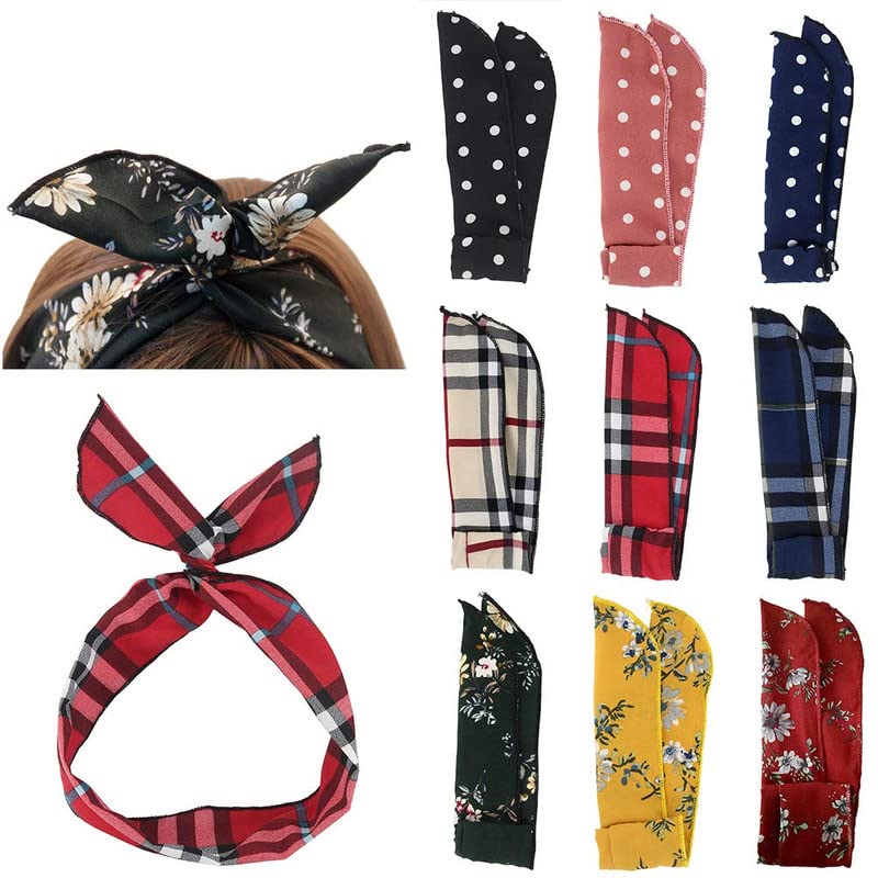 Twist Bow Wire Headbands Head Wrap Retro Bowknot Polka Dot Lattice Design Rabbit ear Wired Hairbands Hair Accessory for Women and Girls,Pack of 6-image-9