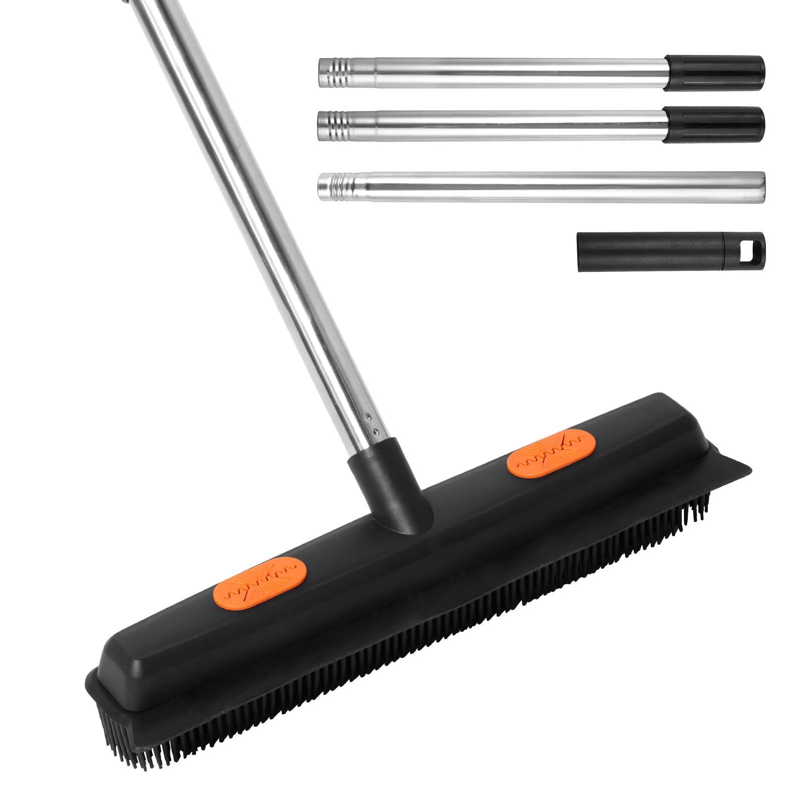 Rubber Broom with Squeegee for Carpet Pet Hair Remover, 48 inch Long Handled Fur Remover Rake, Pet Hair Removal Broom with Telescopic Long Handle for Tile Rug Hardwood Floor Cleaning