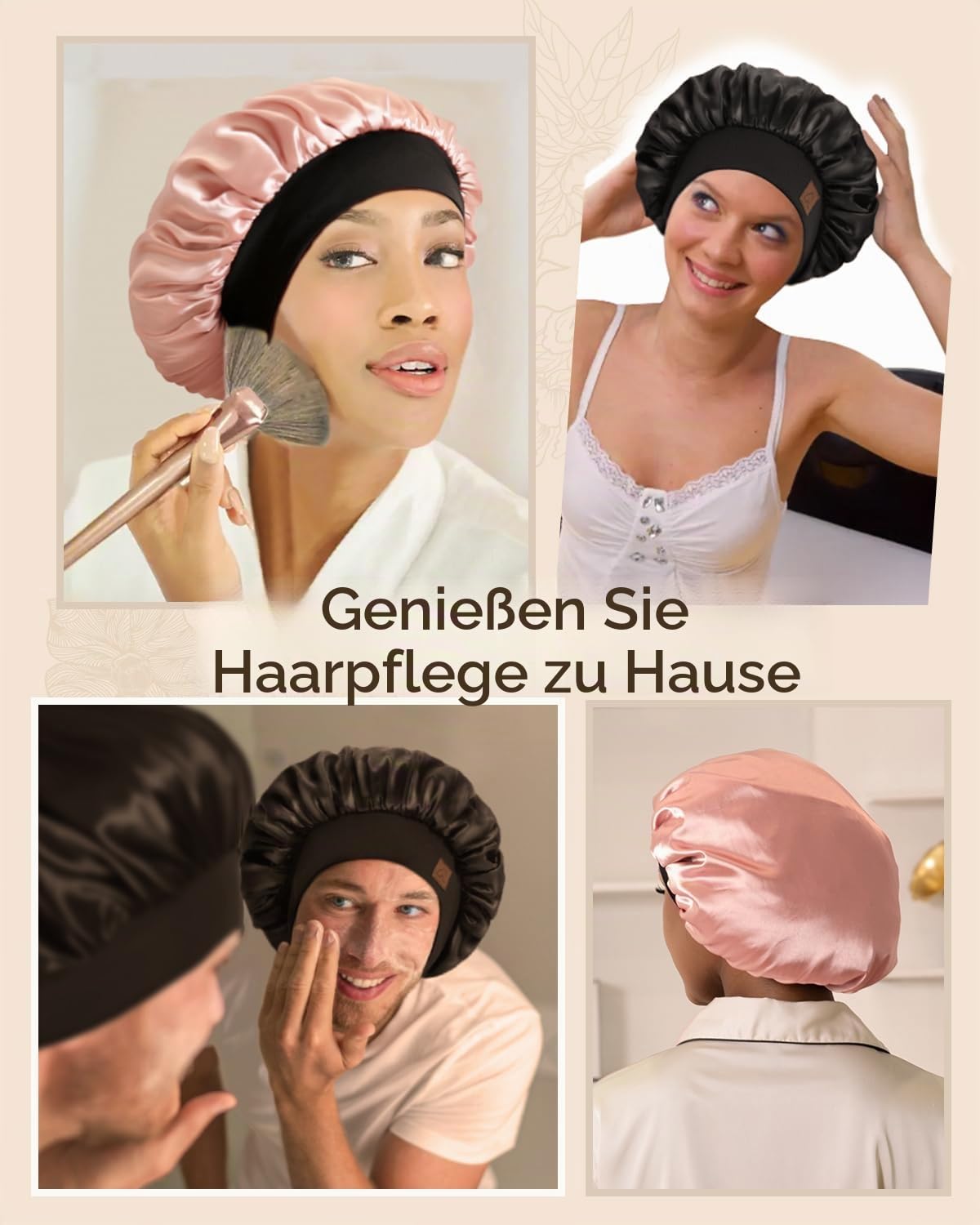 HAT HUT Schlafmütze aus Satin für Damen Herren, Seidenhaube Silk Bonnet Haarhaube, Verstellbares Breites Band, Doppellagig