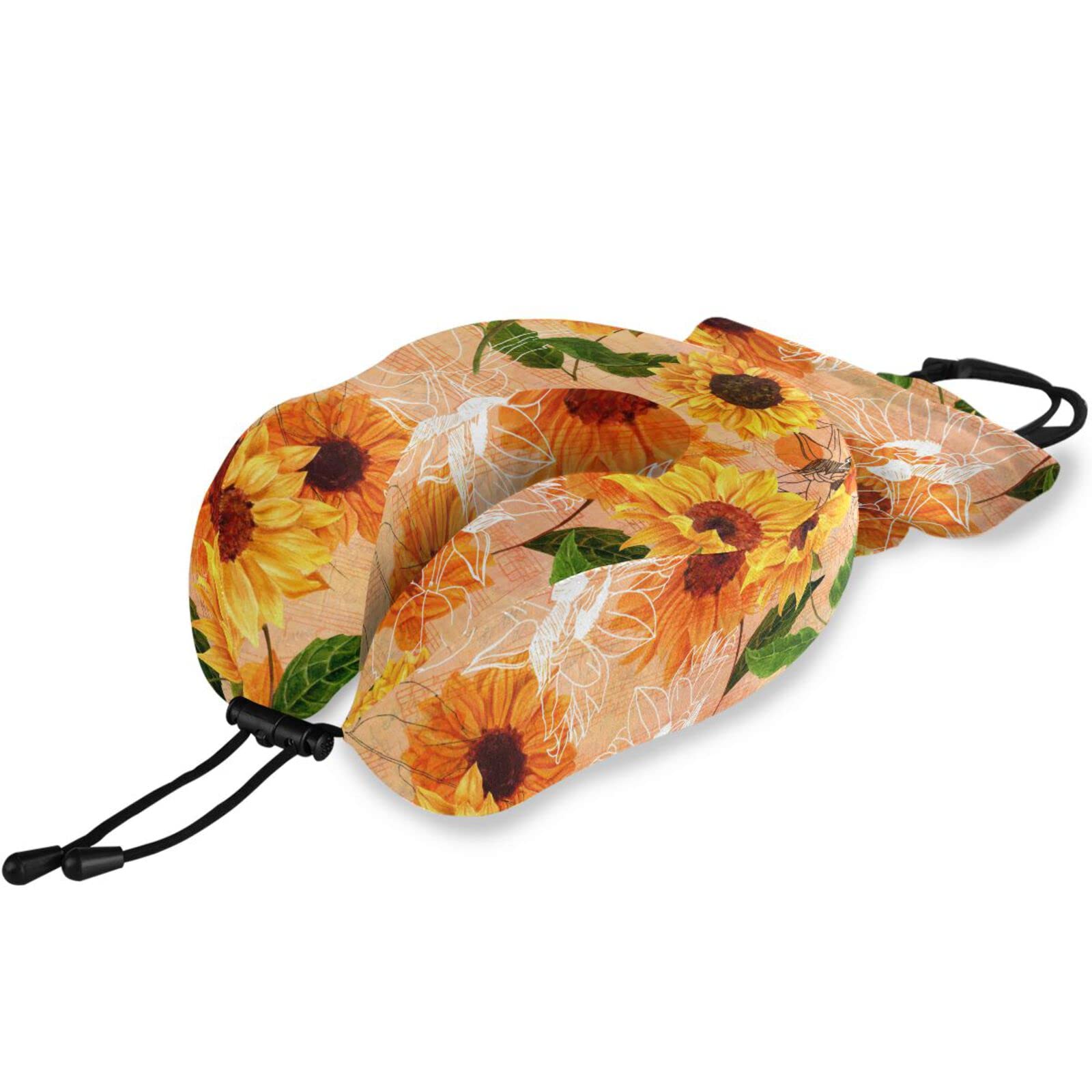 JUAMA Vibrant Yellow Sunflowers Travel Pillow U-Shape Memory Foam Soft Comfortable & Breathable Neck Pillows for Airplane/Car/Office&Home Rest Sleeping