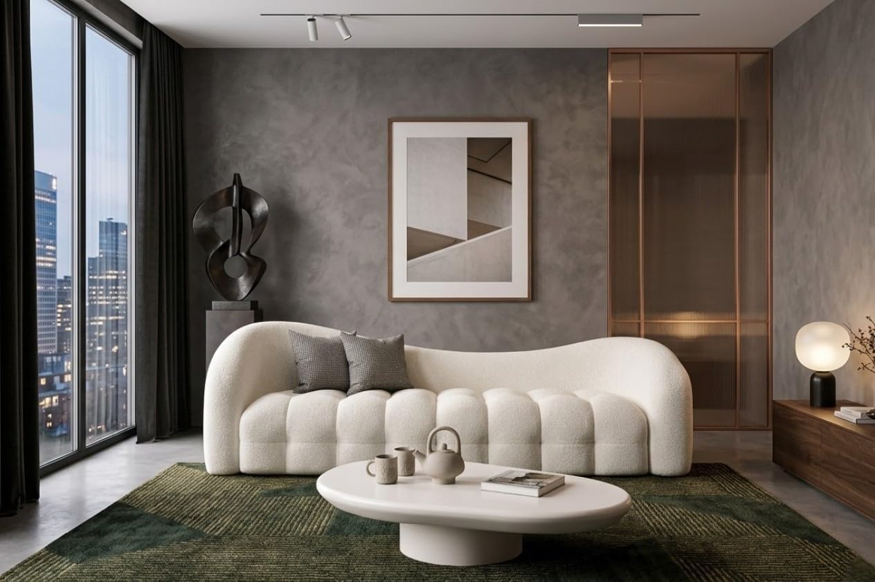 Royal Wood Furnishings/Modern Curved Boucle Sofa | Luxury 3 Seater Tufted Upholstered Couch | Stylish Designer Lounge Sofa for Living Room & Bedroom (Ivory)-image-26