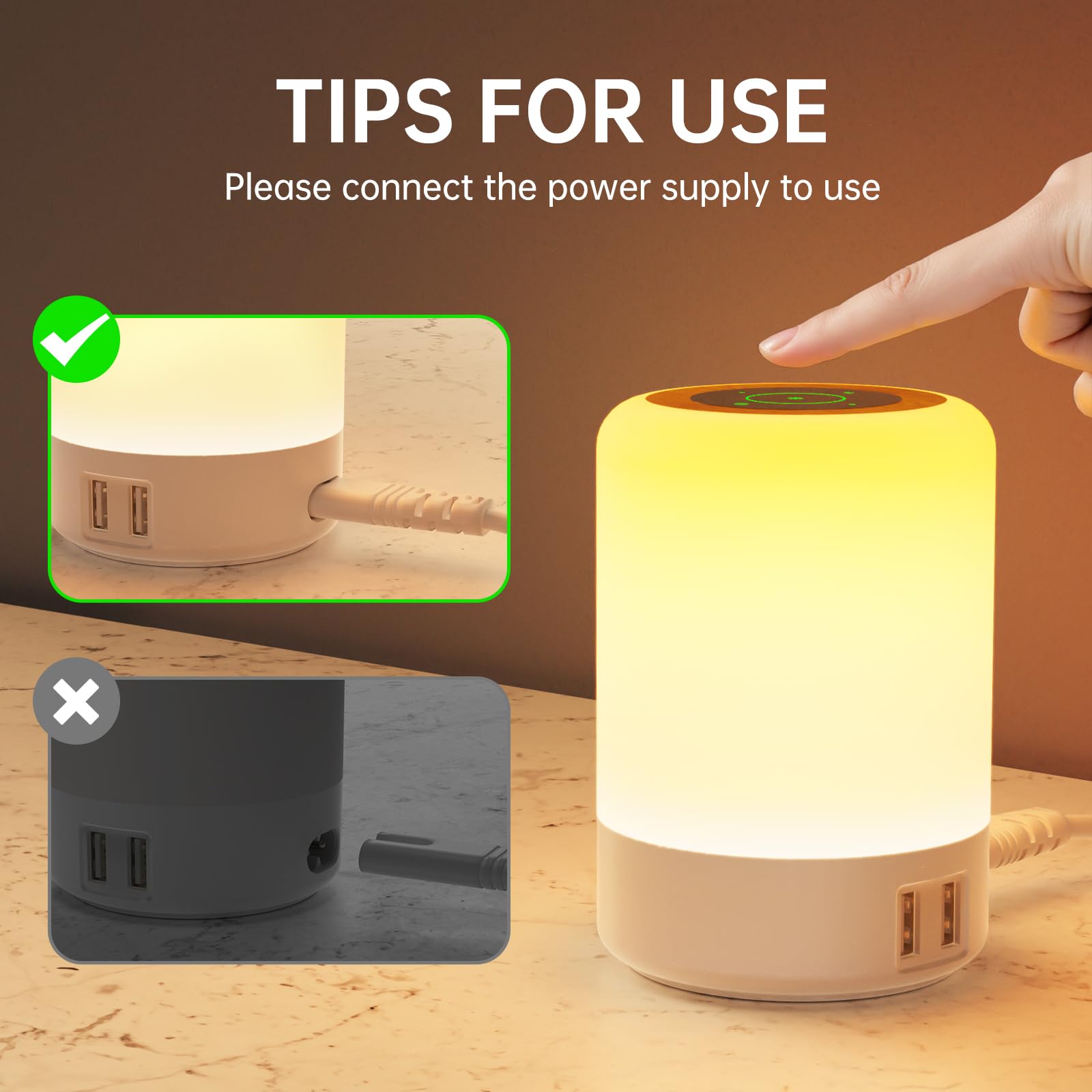 Taipow Touch Bedside Lamps with 4 USB-A Charging Port, 3 Modes, 8 Colors and 10 Brightness Levels Touch Lamp - Image 4