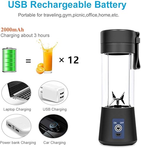 Miniatura 4 de Batidora portátil, tamaño personal licuadora USB Juicer Cup, 13oz máquina mezcladora de frutas con baterías recargables de 2000mAh, mini licuadora