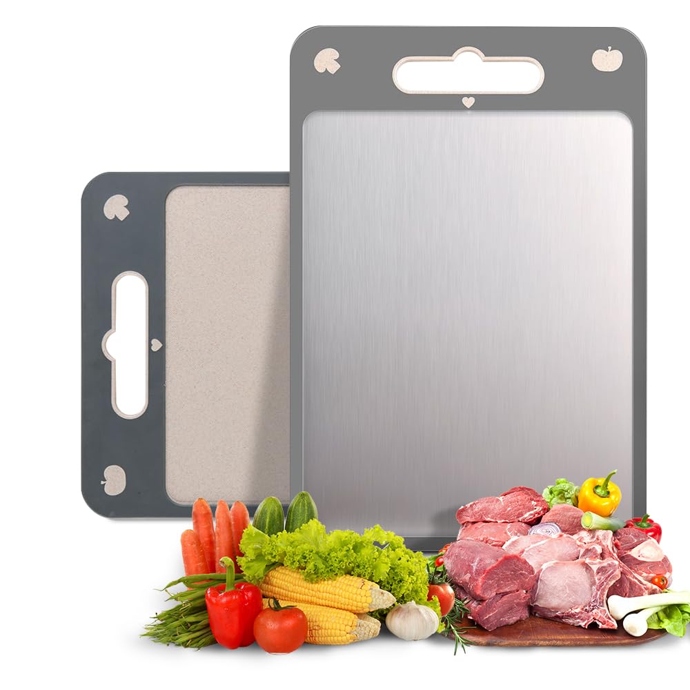 Tagliere double-face con manico, tagliere in acciaio inox 304 per carne, frutti di mare e paglia di grano per frutta, verdura. Tagliere da cucina reversibile.
