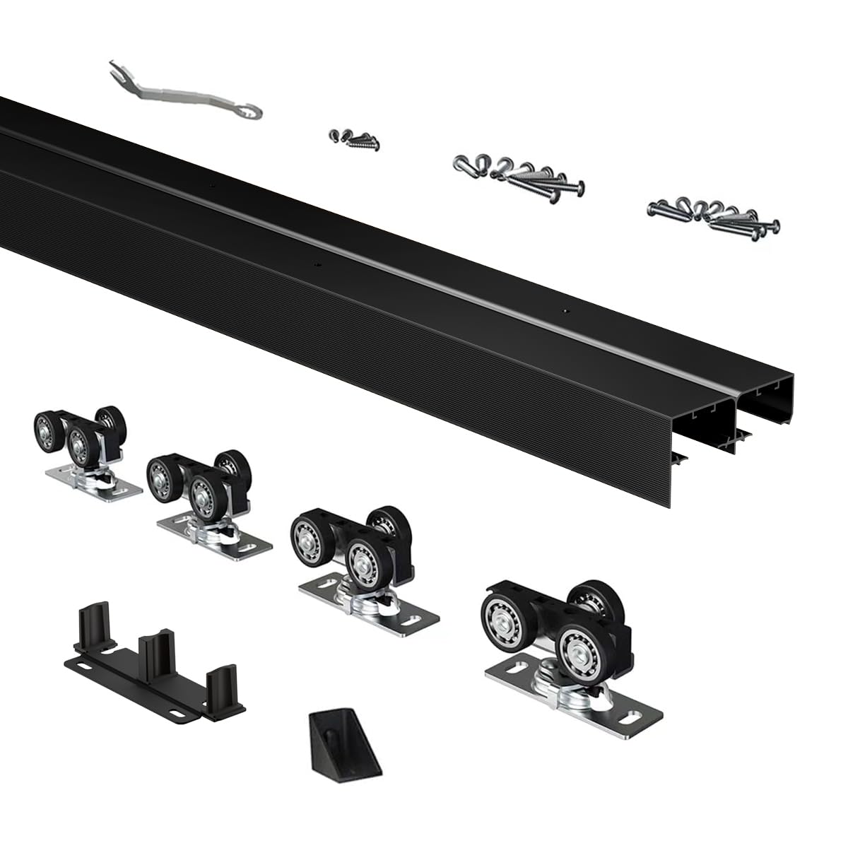 Heavy Duty Bypass Sliding Closet Door Track Hardware 72", 6 FT Aluminium Pocket Door Track Rail Set, Smoothly and Quietly, for 2 Door System,Black