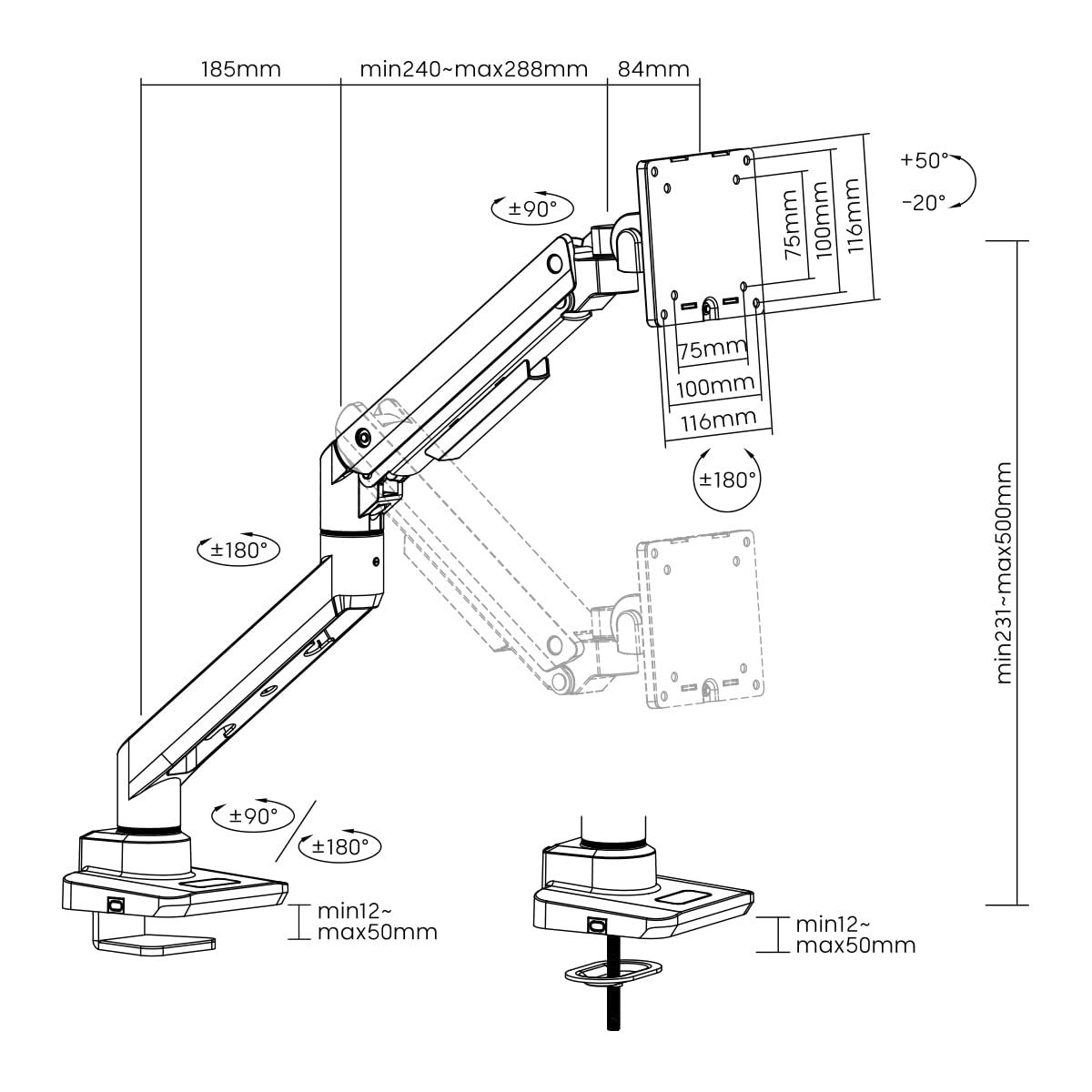 LogiLink Supporto per monitor da 17 a 49", con molla a gas, adatto per monitor Flat & Curved, alluminio