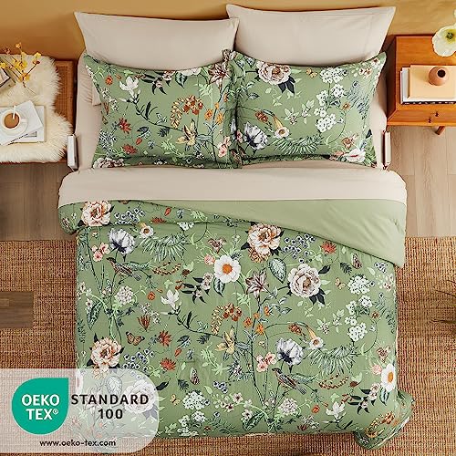 CASAAGUSTO Queen Comforter Set, 7 PCS Green Butterfly Floral Comforter Set with Flowers Leaves Pattern, Soft Seersucker Design All Season Queen Size Bedding Set(90"X90")