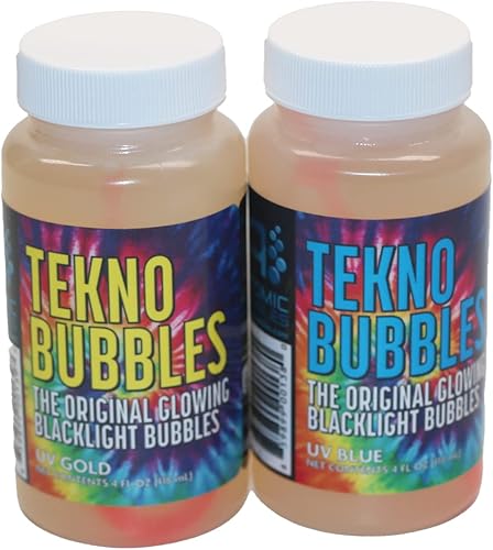 Atomic Bubbles: Tekno Bubbles - Paquete de 2 (1 oro, 1 azul) - Botellas de 4 onzas, burbujas brillantes de luz negra UV, fiestas brillantes,