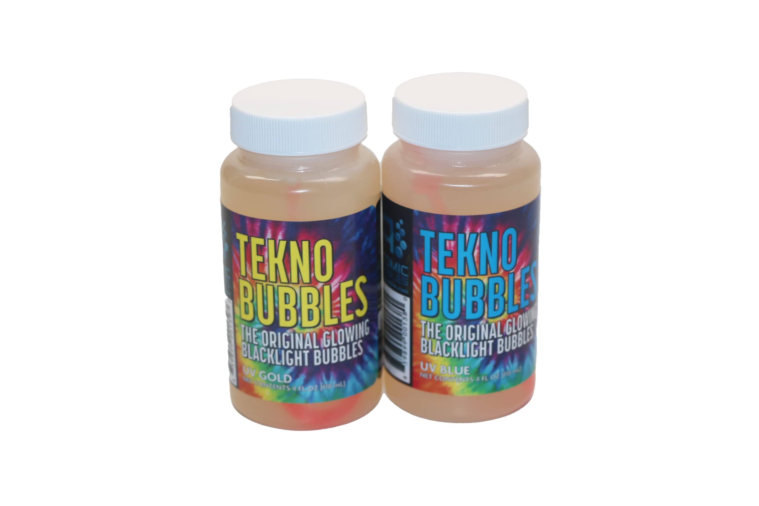 Atomic BubblesTekno Bubbles - 2 Pack (1 Gold, 1 Blue) - 4oz Bottles, UV Blacklight Glow Bubbles, Glow Parties, Indoor & Outdoor, Kid Safe Non-Toxic