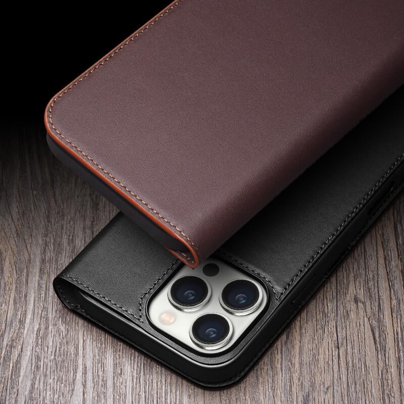 Étui iPhone 16 Pro marron à rabat magnétique, housse en cuir véritable uni