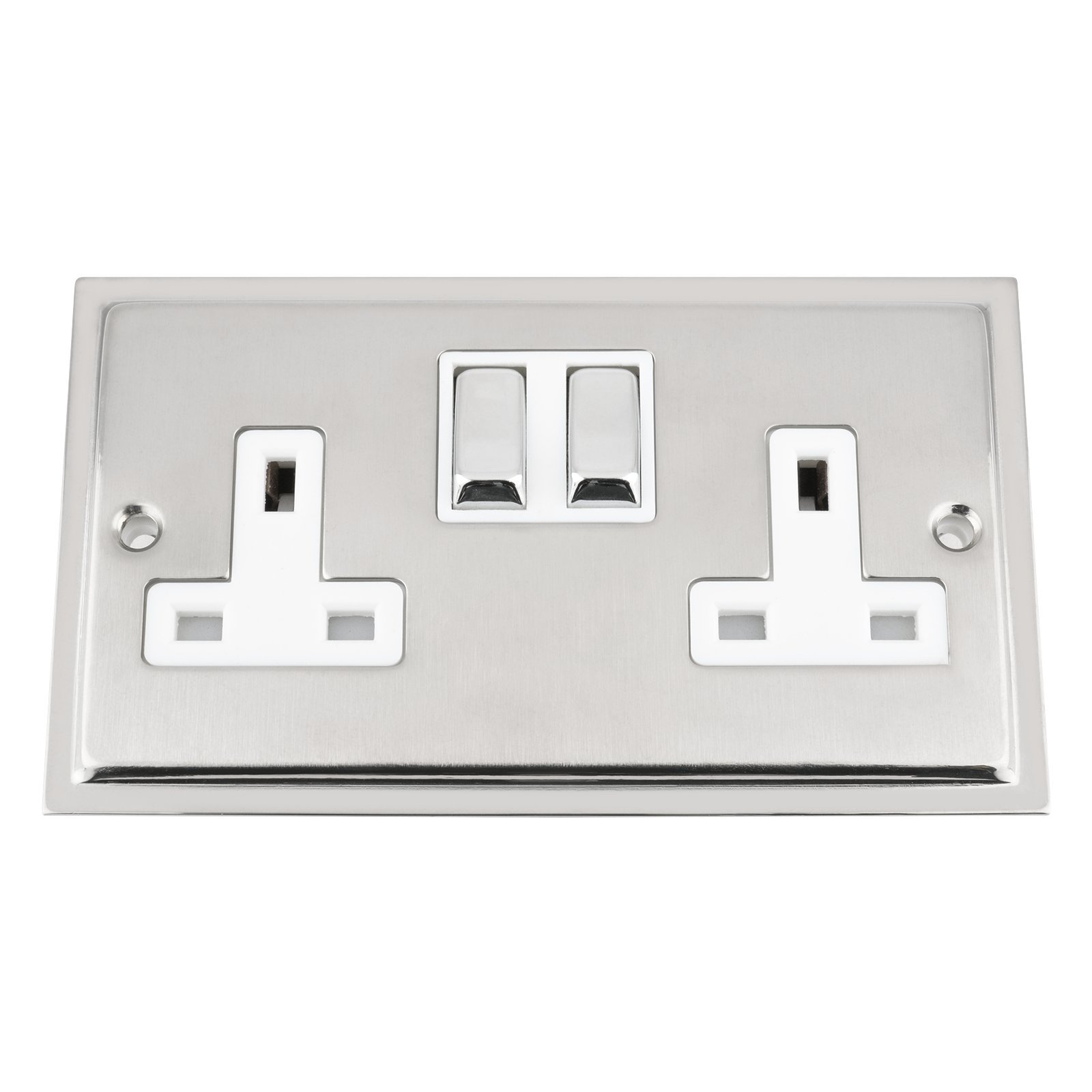 A5 Products Polish Chrome,White,Chrome,Silver,Black Duo Satin Chrome With Chrome Edge Socket 2 Gang White Insert With Metal Rocker Switch