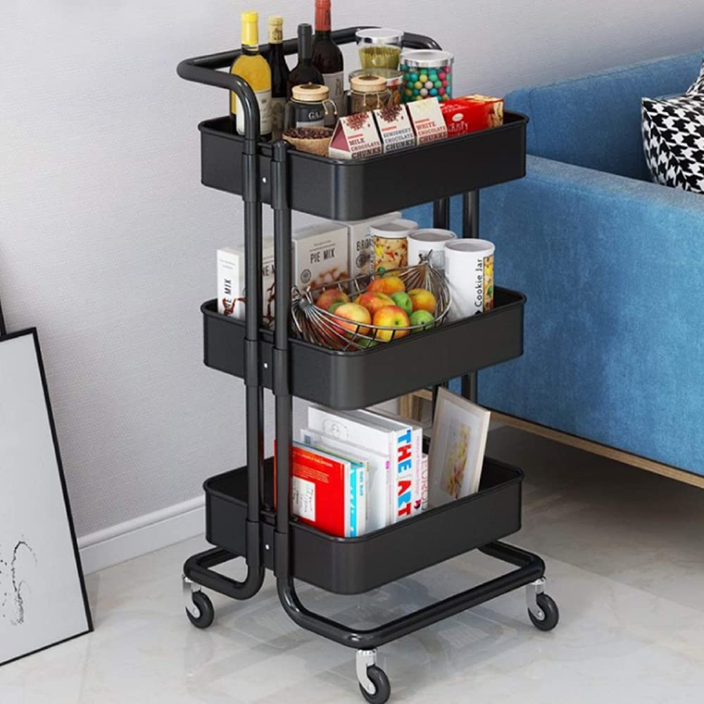 3-Tier Rolling Utility Cart, Storage Organizer Shelves, Multifunction Space-Saving Storage Trolley, Craft Roller With Lockable Wheels, Easy Assembly For Bathroom, Kitchen, Office (Black)