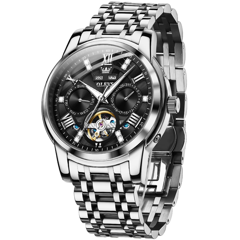 OLEVS Men's Watch Automatic Mechanical Silver Black with Diamonds Tourbillon Waterproof Business Wristwatch