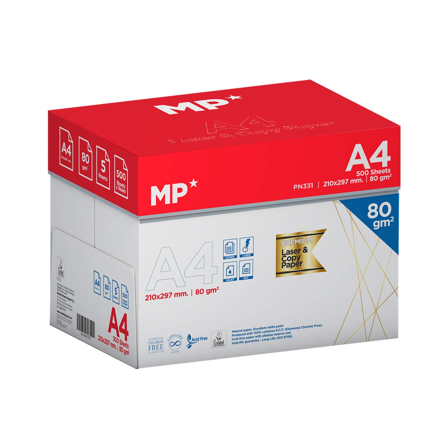 MP - Folios A4 80gr 2500 Hojas Premium, Papel A4 Material Oficina y Papeleria, Material Escolar, 5 Paquete Folios Blancas, Din A4 Imprimir