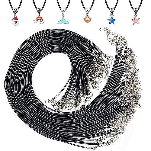60 PCS Black Necklace Cord, Waxed Necklace Cord String with Lobster Clasp
