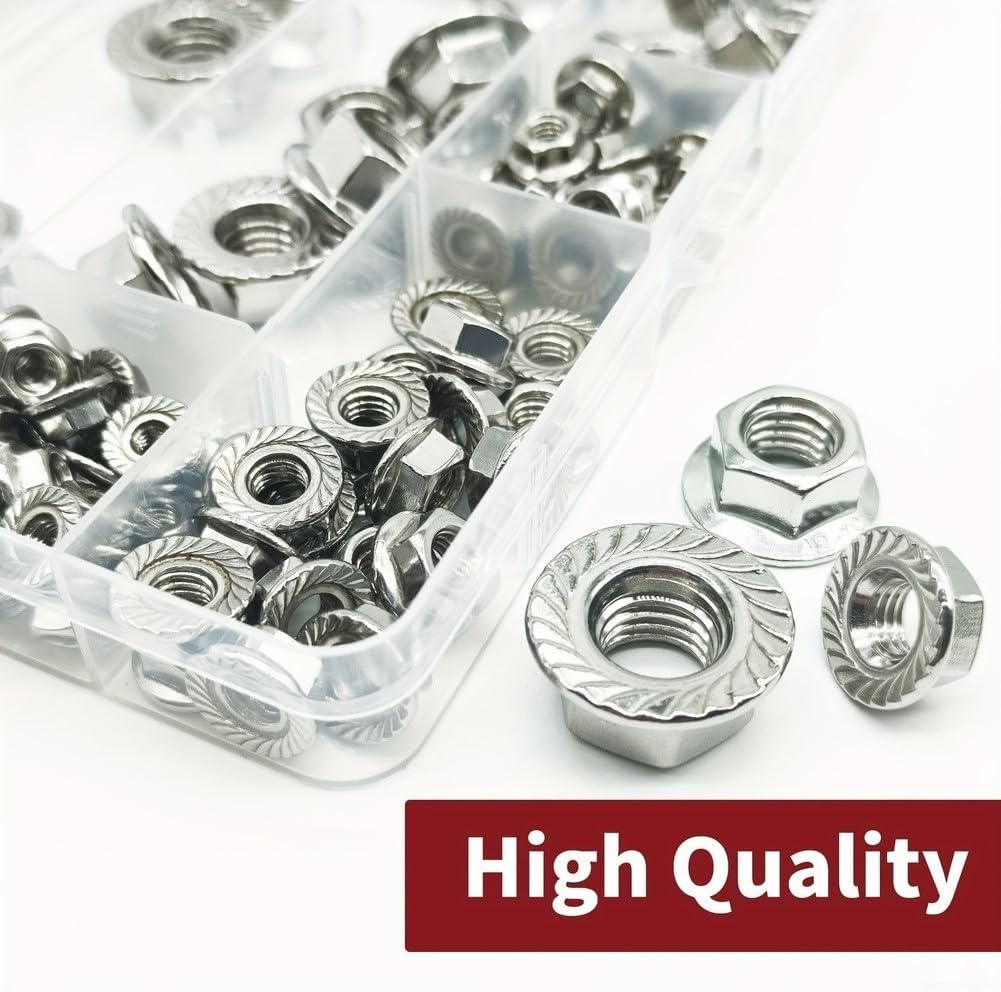 138PCS 304 Steel Hex Flange Nuts Kit M5 M6 M8 M10, DIN 6923 Serrated Assortment Set Secure Anti-Slip Fastening in Home Garden