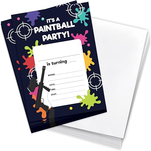 Desert Cactus Paintball - Invitaciones de feliz cumpleaños estilo 2 tarjetas de invitación (10 unidades) con sobres para niños y niñas (10 unidades)