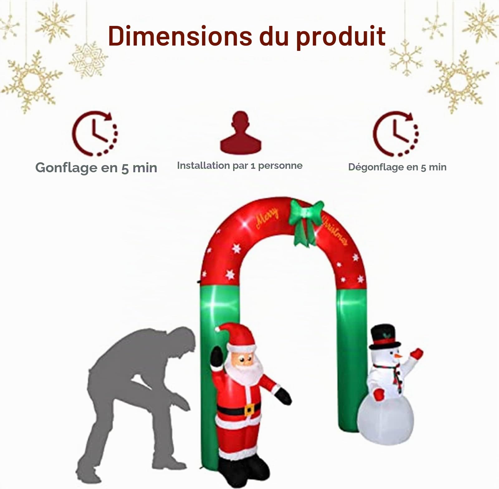 QBOMB Arche Gonflable de Noël de 8 Pieds avec lumières LED intégrées, Père Noël et Bonhomme de Neige Décorations de Vacances en Plein air pour la pelouse de Jardin de Jardin