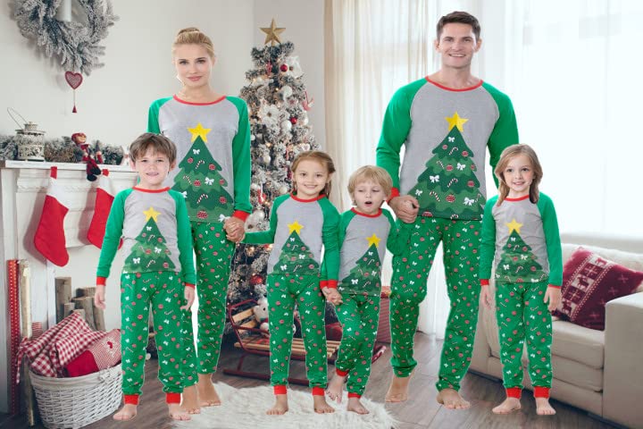 Benaive Matching Family Christmas Pajamas Set Boys Girls Holiday xmas Pjs for Family Toddlers Kids Children Sleepwear Cotton Womens Mens Pyjamas Jammies (Green & Grey, Christmas Tree, Kid-6) - image 3