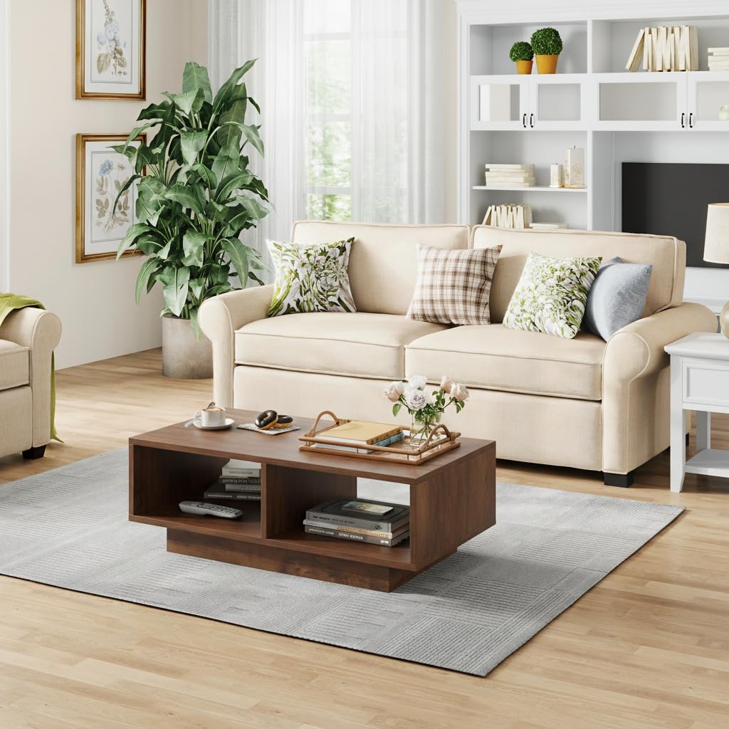 Mesa de centro vintage con aspecto de madera negra, mesa central de té para salón, moderna y elegante, mesa de café rectangular con 2 compartimentos abiertos, mesa auxiliar rectangular, mesa de