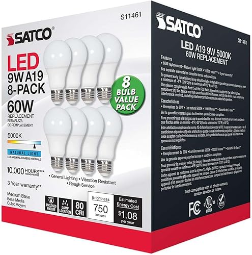 Miniatura 5 de Satco S11461 - Paquete económico de 8 bombillas LED A19 de 9 W, reemplazo de 60 W, blanco, 9 vatios