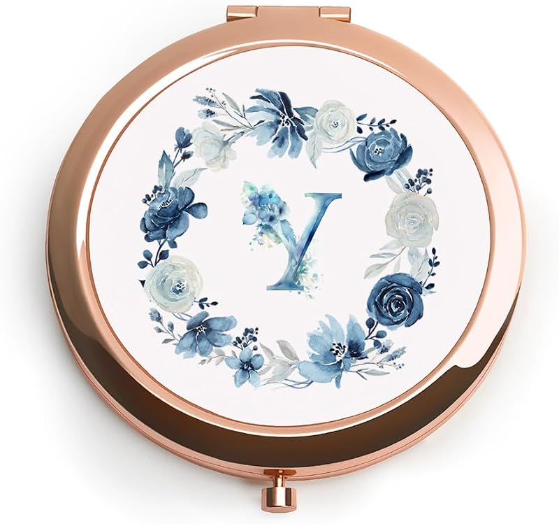 Espelho compacto personalizado QUSTGO com monograma floral, 1X e 2X, 6,48 cm, com caixa para presente