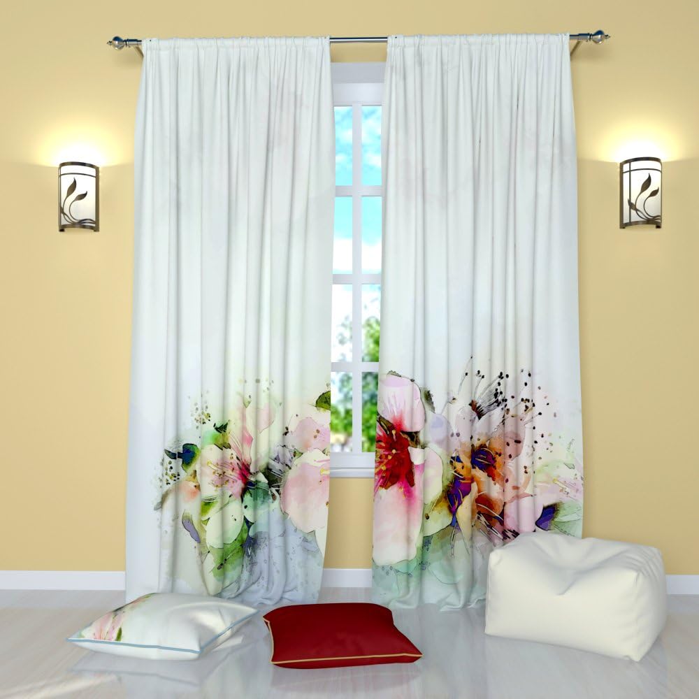 Factory4me White Flower Curtains Watercolor Floral Print Design Spring Decoration Cute Drapes for Girls | Botanical Pattern Flowered Window Set of 2 84 Inch Panels for Living Room Bedroom Kitchen