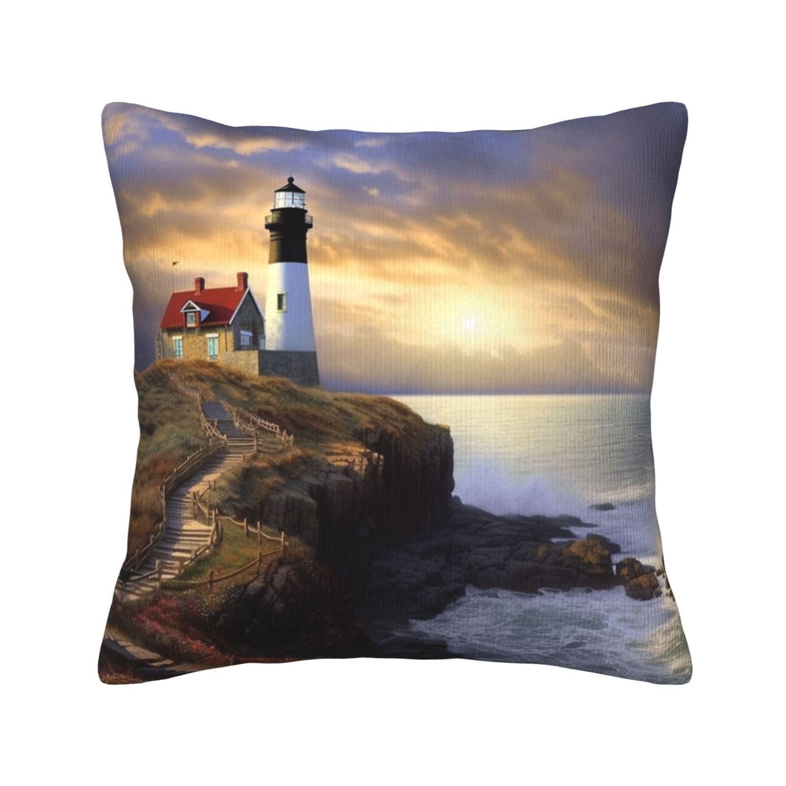 Housse de coussin velours côtelé phares océan déco carrée 45x45