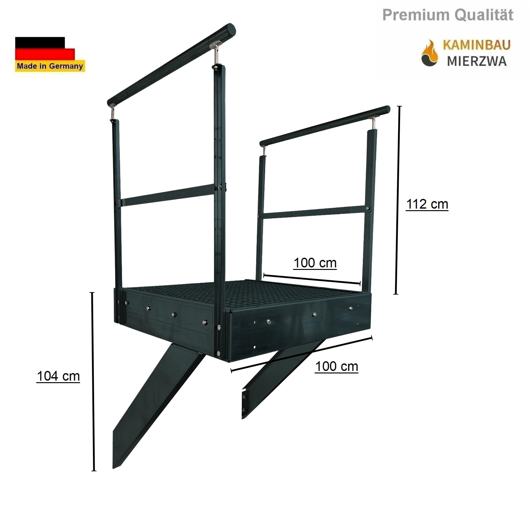 Stalowe schody podestowe, antracytowe, 7 stopni, wysokość 133 cm, łącznie z podestem 100 x 100 cm, z balustradą, orientacją schodów policzkowych do wyboru w lewo/w prawo lub z przodu (orientacja