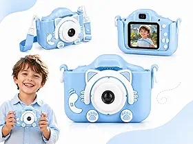 Câmera Infantil HD para Meninos e Meninas – Fotos e Vídeos, Tela LCD 2”, Jogos, Filtros e Bateria Recarregável - Azul