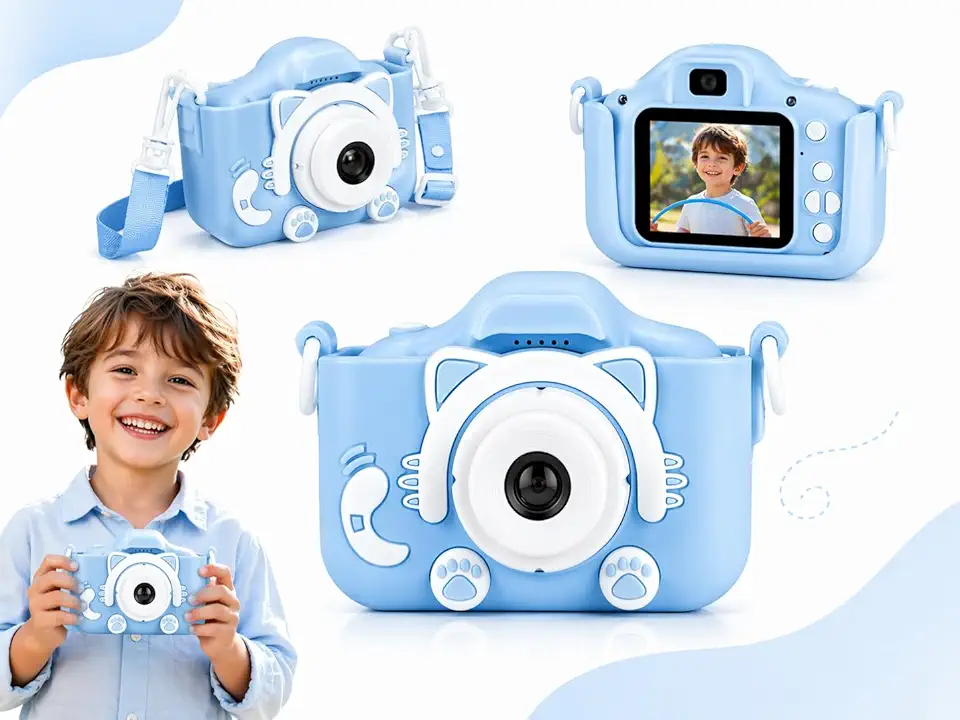 Câmera Infantil HD para Meninos e Meninas – Fotos e Vídeos, Tela LCD 2”, Jogos, Filtros e Bateria Recarregável - Azul