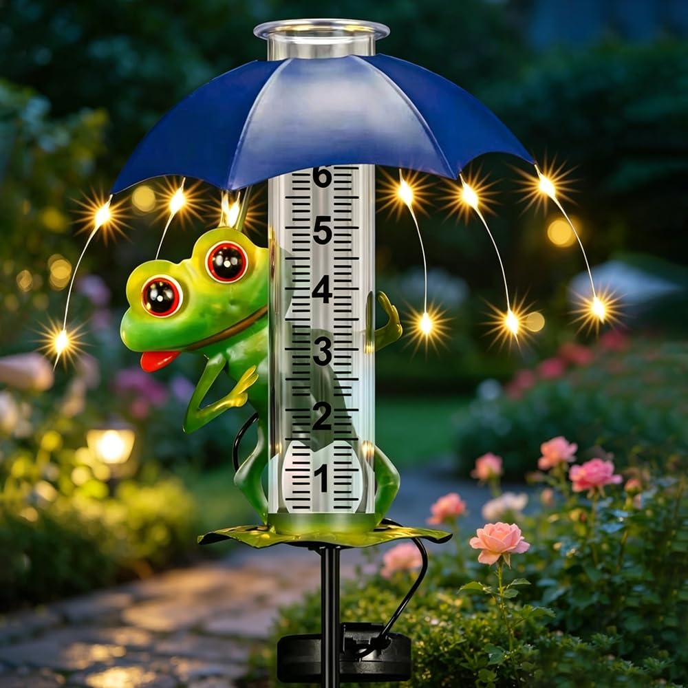 7-Zoll Regenmesser, Niederschlagsmesser mit Erdspieß und Solar-LED-Leuchten, Frosch Regenmesser Frostsicher, Gut präzise et Ablesbar, Gartenzubehör, dekorativ für Garte Rasen Terrasse und Hof