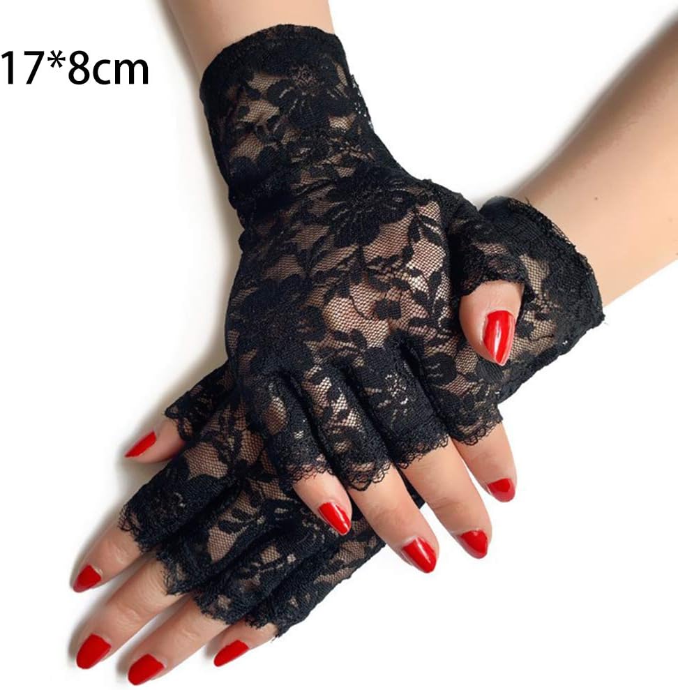 Lifreer Ladies Fingerless Black Lace Gloves, Halloween Gloves, Black Gloves Gothic Fancy Dress Womens Halloween Accessories (2 Pairs) - Image 3