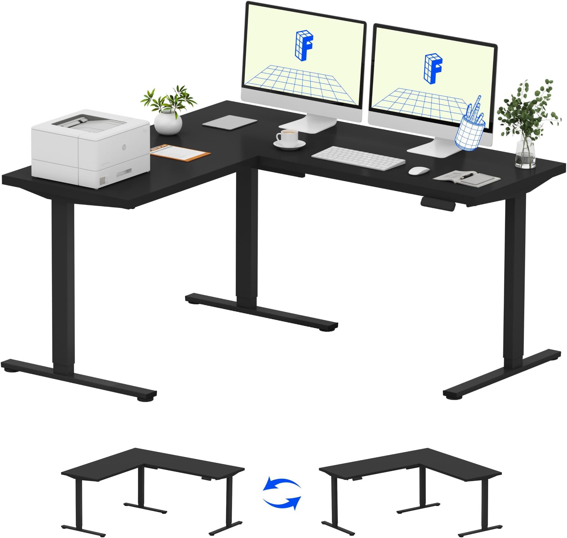 L Shaped Standing Desk, 63 x 55 Inch Electric Height Adjustable Corner Desk, Sit Stand Computer Workstation, Preset Controller, Home Office, Black Frame with Black Top
