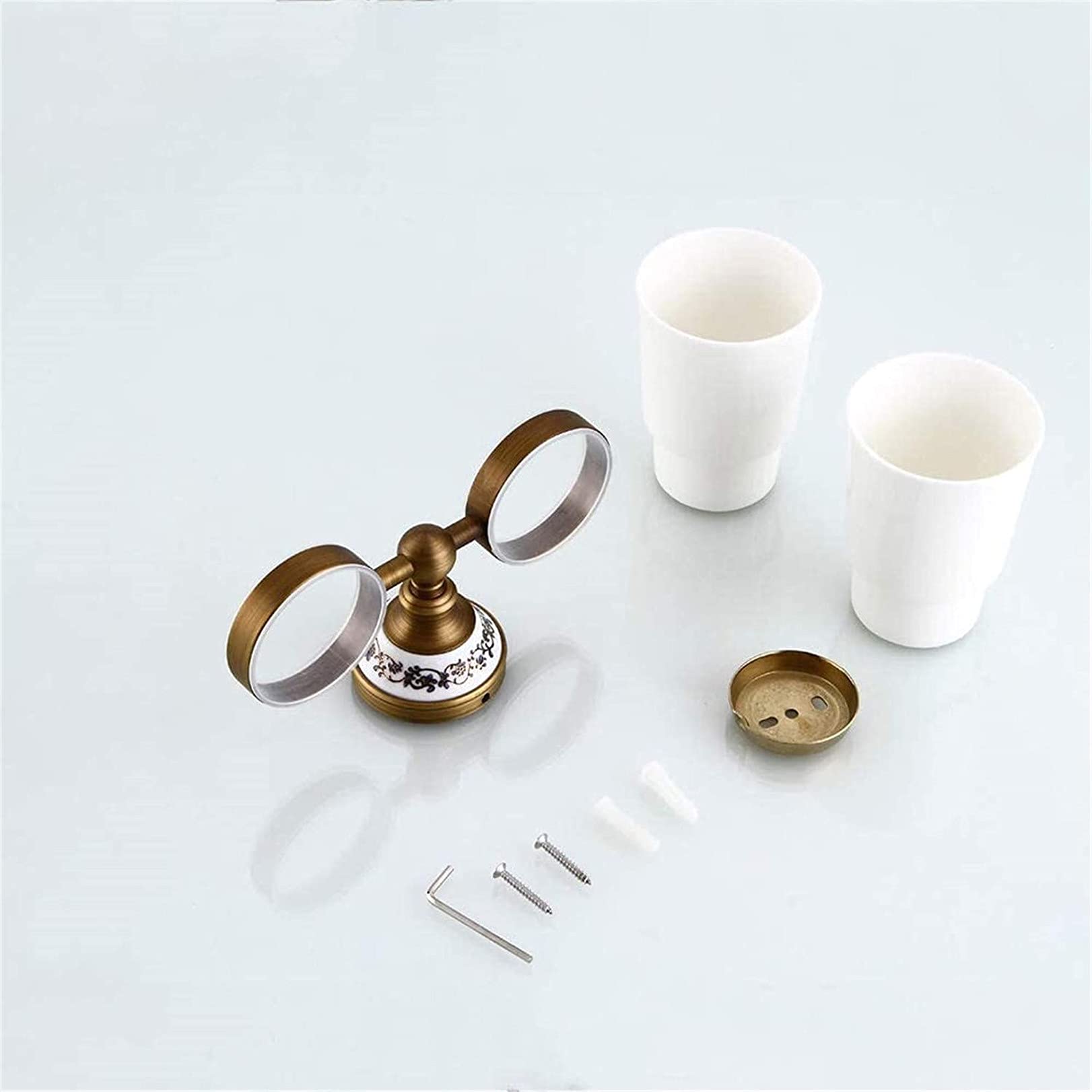 Portaspazzolino doppio a parete, Portaspazzolino doppio in rame massiccio, portabicchieri doppio in ceramica blu e bianco antico, accessori da bagno con superficie spazzolata