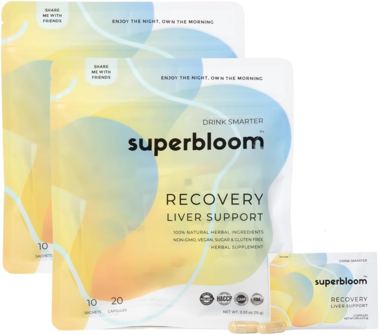 superbloom Recovery Liver Support - 2 Pack | Liver Detox with DHM, Turmeric, Milk Thistle | 10 Sachets, 20 Capsules | Enjoy The Night, Own The Morning
