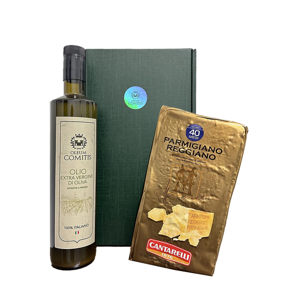 Oleum Comitis - Oliwa z oliwek Extra Virgin - 100% włoski ekstrakt na zimno - opakowanie prezentowe z butelką 750 ml i parmezanem Reggiano Cantarelli 1876, sezonowany 40 miesięcy, po 1 kg