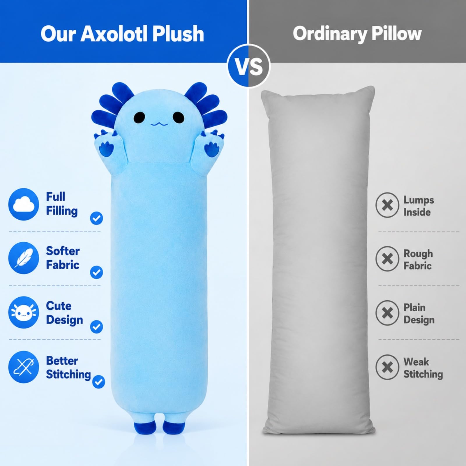 SNOWOLF Cojín Largo de Peluche de Axolotl, Juguete de Peluche Suave Kawaii de Peluche, Adorable cojín de Abrazo para niños (110 cm, Azul)