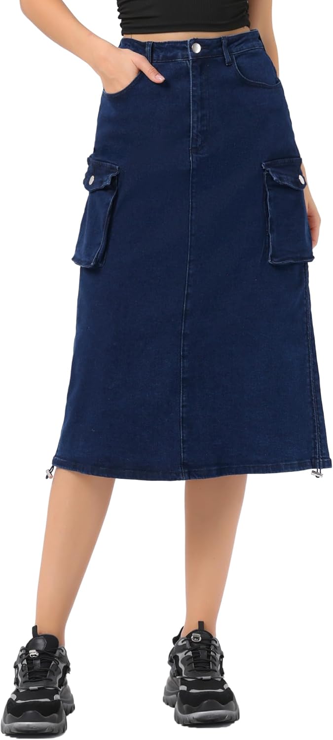 Allegra K Cargo Skirt for Women Y2K Adjustable Back Slit High Waist Casual A-Line Midi Jean Skirt
