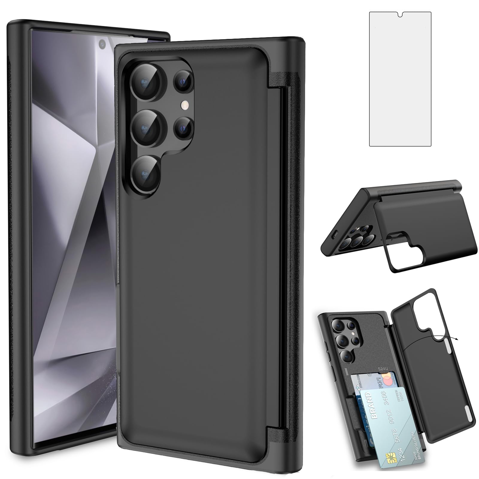 Asuwish Phone Case for Samsung Galaxy S24 Ultra 5G with Tempered Glass Screen Protector Cover and Credit Card Holder Slot Kickstand Cell Accessories Mobile S24Ultra 24S S 24 24Ultra Women Men Black