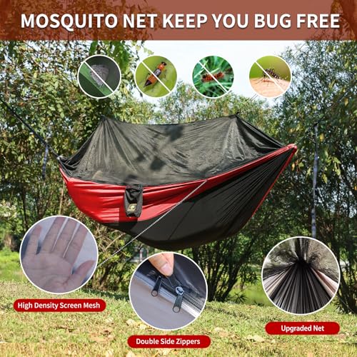 Image of Camping Hammock with Net,Travel Portable Lightweight Hammocks with Tree Straps and Solid D-Shape Carabiners,Parachute Nylon Hammock for Outsides Backpacking Beach Backyard Patio Hiking