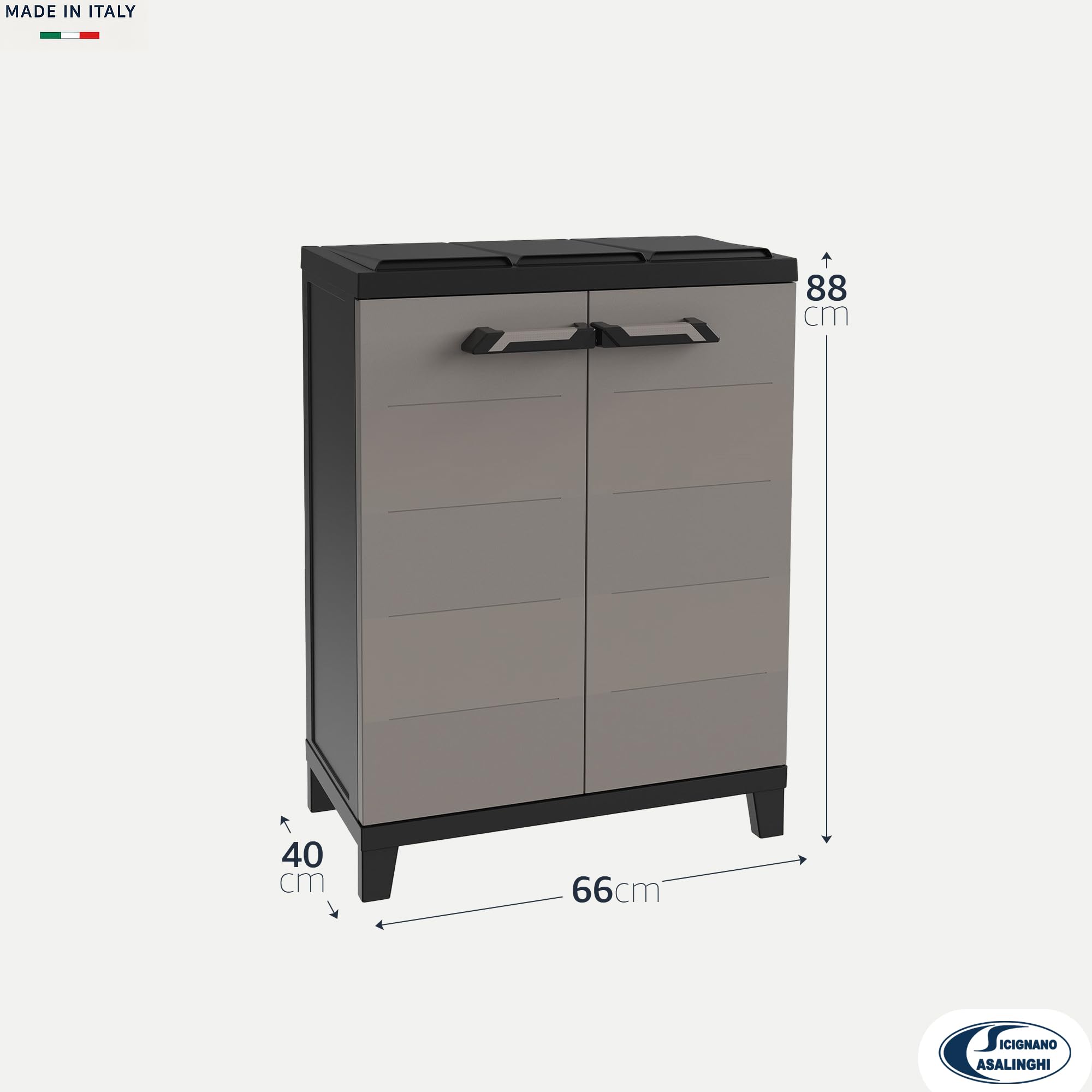 Sicignano Armadio Raccolta Differenziata in Plastica Riciclata per Interno ed Esterno con 2 Ante e Ripiani di Sicurezza – Antracite/Grigio Tortora 66x40x172 cm