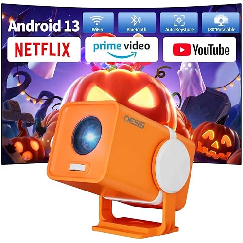 Dess Halloween Projector,Mini Projector,Outdoor Portable Projecor Can Be Powered By Power Bank,Smart Projector With Wifi6 And Bluetooth,Movie Projector,180° Rotatable Hometheater Proyector,T1(Orange)